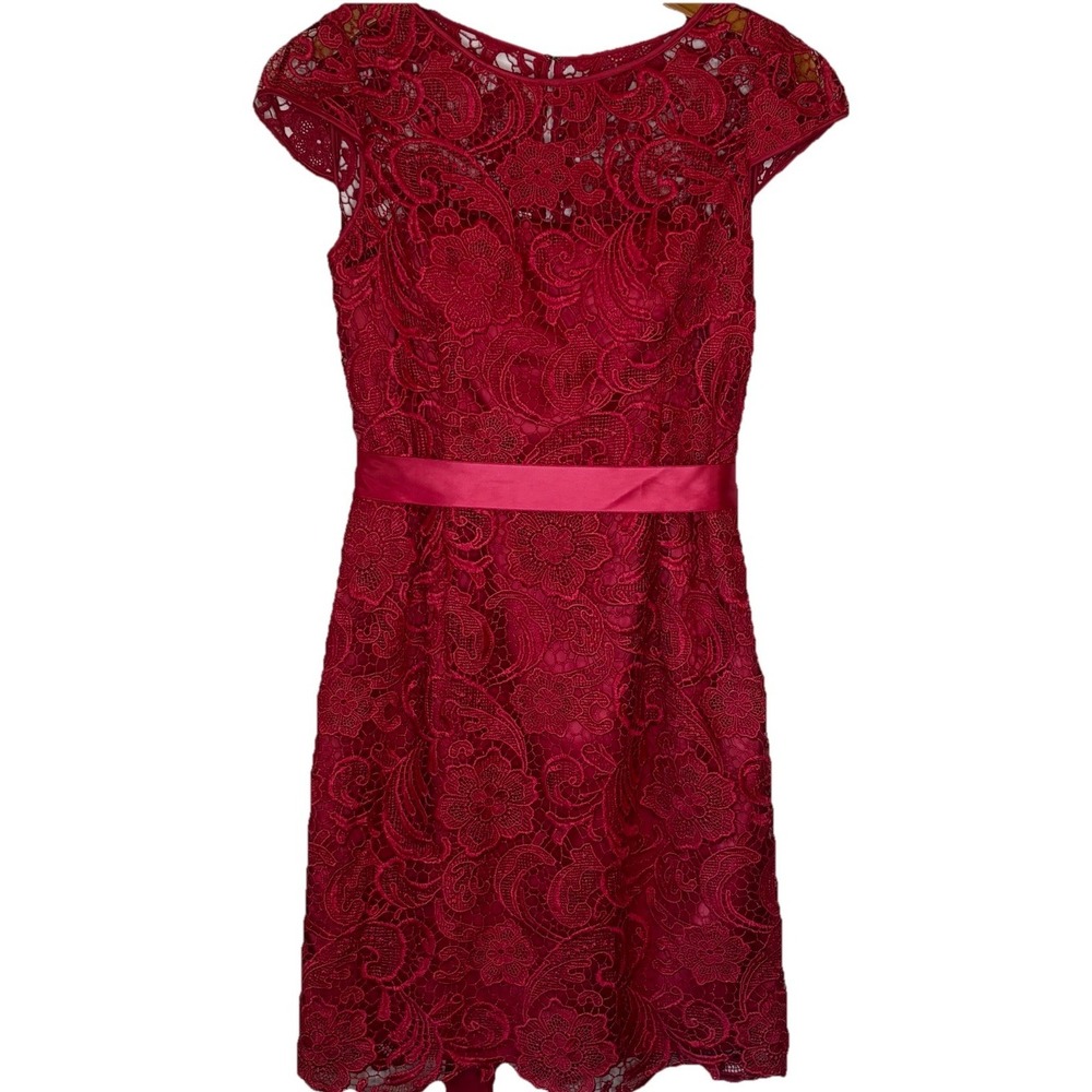 Adrianna Papell Sheath Dress 8 Pink Lace Illusion Cap Sleeve Classic Wedding